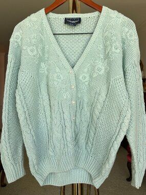 Vintage Best American mint blue cardigan size M seed stitch v-neck cottage core